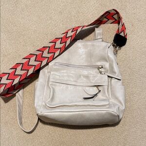 Cream Convertible Backpack with Removable Patterned Strap